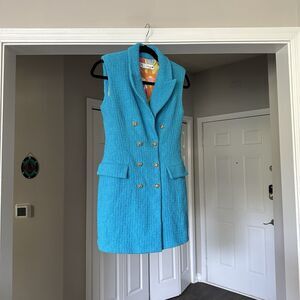 Zara Textured Waistcoat Blazer Vest Dress Turquoise jewel button Size Small